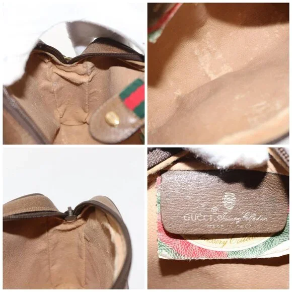 GUCCI GG Canvas Web Sherry Line Shoulder Bag PVC Leather Beige Green